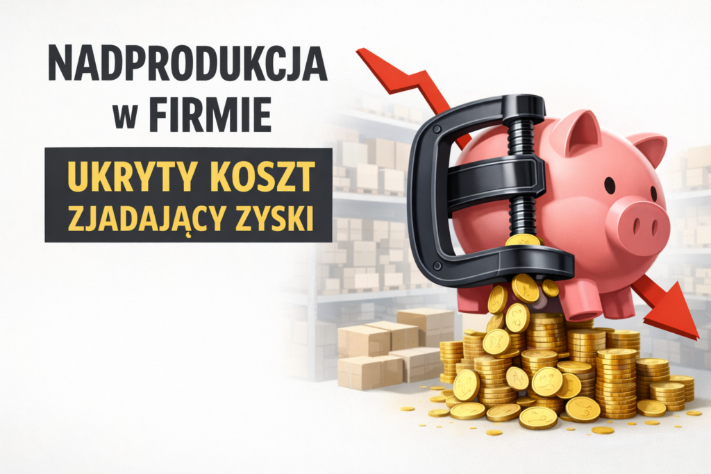Nadprodukcja w firmie – skarbonka ściskana imadłem, wypadające monety i magazyn w tle jako symbol ukrytych kosztów i spadku cash flow.
