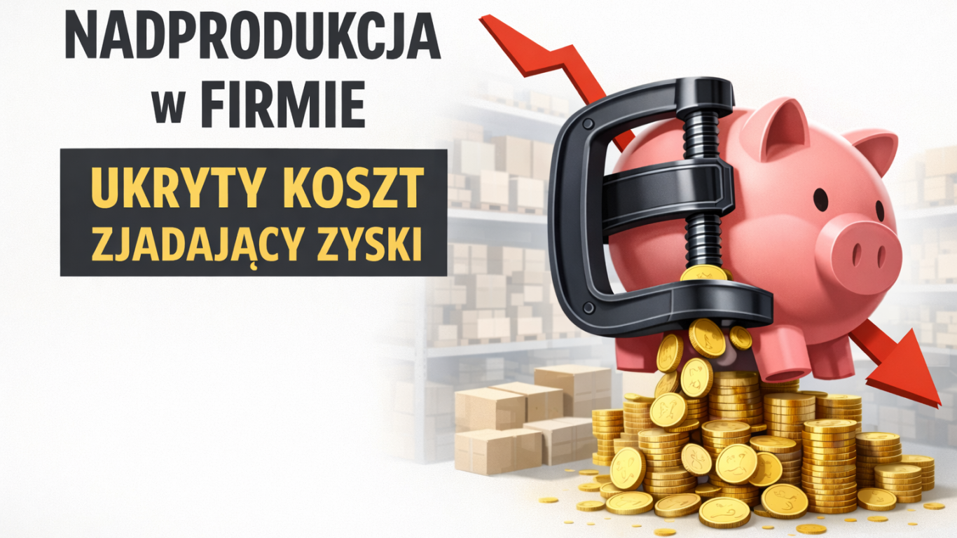 Nadprodukcja w firmie – skarbonka ściskana imadłem, wypadające monety i magazyn w tle jako symbol ukrytych kosztów i spadku cash flow.